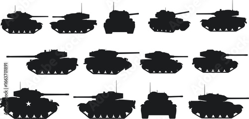 Military tank silhouette icons — side and front views, detailed turret and cannon, star markings, antennas, and armored tracks