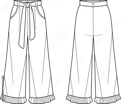 Cad drawing flat vector illustration, wide leg pants design, women’s fashion template, casual chic trousers, technical sketch, apparel mockup new update