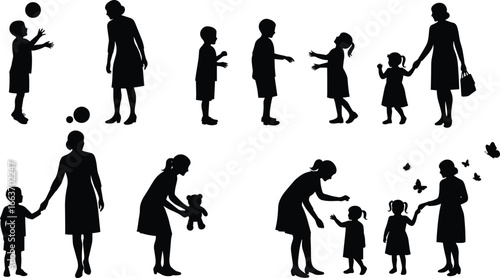 Mother and child silhouettes, parenting scenes vector set, mom playing, walking, caring, love, family bond, children illustration pack