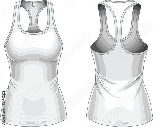 CAD drawing flat vector illustration, women’s athletic tank top, racerback style, front and back view, fashion sketch, garment template, sportswear new update