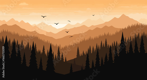 Stunning illustration of a mountain landscape with a forest and birds.