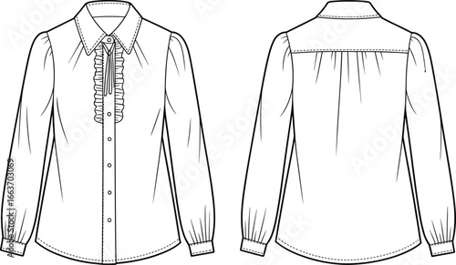 CAD drawing flat vector illustration, women’s blouse design, ruffle detail, long sleeves, front and back view, fashion sketch, garment template new