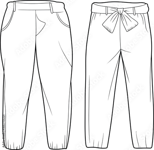 CAD drawing flat vector illustration, women’s joggers and trousers design, bow tie waist, pockets, fashion sketch, garment template, apparel layout new