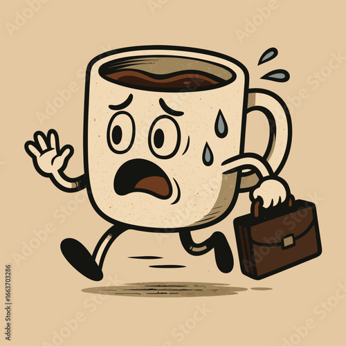 Funny Coffee Cup Character Rushing to Work
