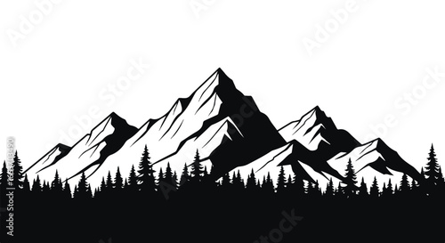 Majestic Mountain Range Illustration with Evergreen Forest in Black and White.