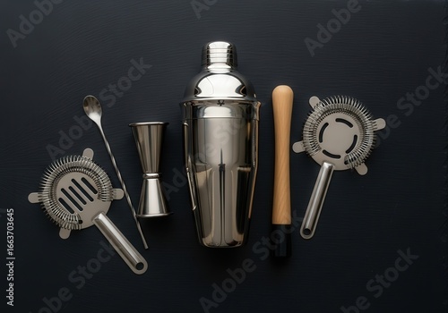 A collection of professional bar tools including a cocktail shaker, jigger, strainers, and bar spoon arranged on a dark surface