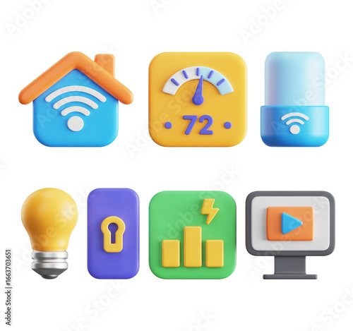 Smart Home Technology Icons Set Showing Automation Efficiency and Energy Savings for Modern Living 3D Render isolated on a transparent background.