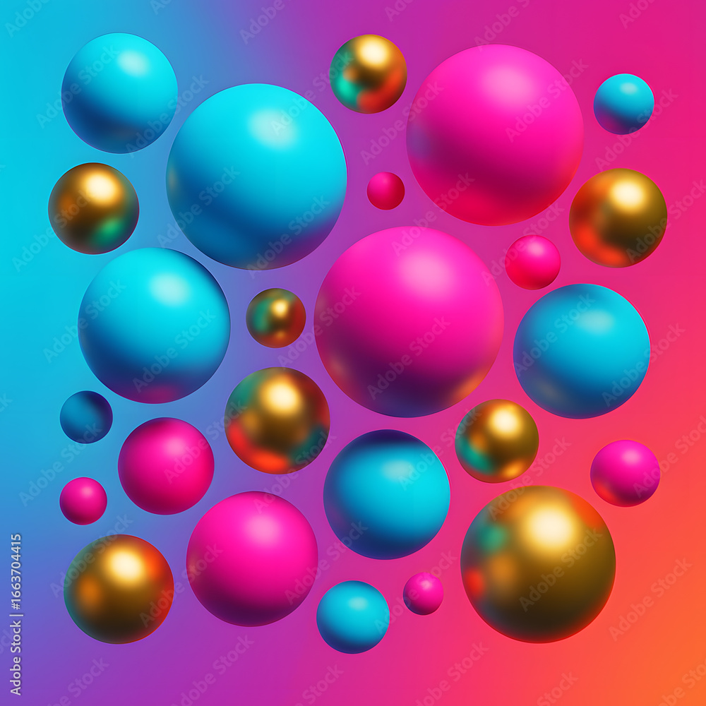 Vibrant abstract spheres a playful arrangement of glossy blue pink and gold balls on a gradient background Vibrant abstract spheres a playful arrangement of glossy blue pink and gold balls on a gradient background