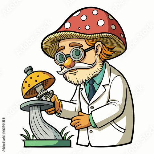 Mushroom scientist character examining a mushroom with a microscope