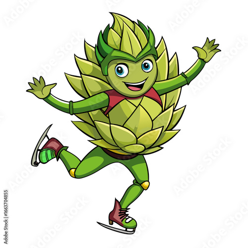 Happy cartoon artichoke character ice skating and waving