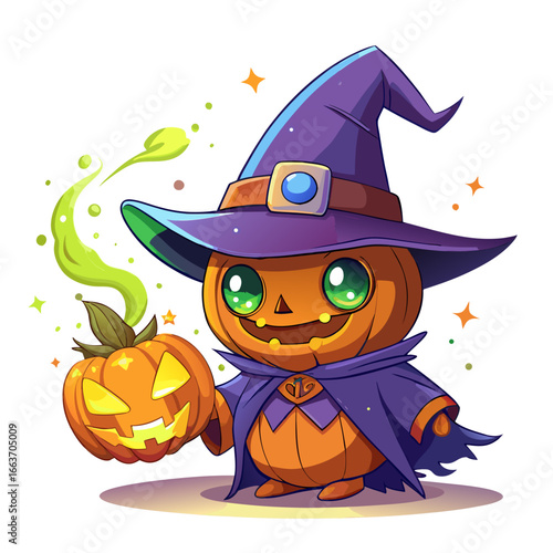 Cute halloween pumpkin character wearing a witch hat and cape holding a jack o lantern