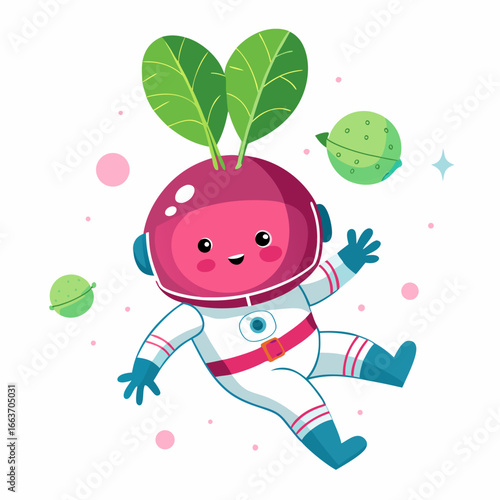 Cute cartoon radish astronaut floating in space with planets
