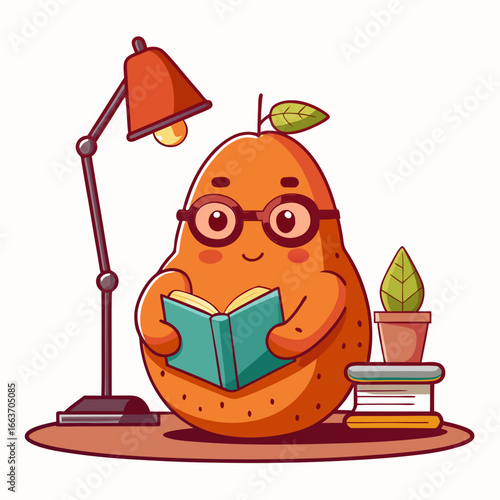 Cute cartoon pear character wearing glasses reading a book under a desk lamp
