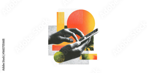 Hands Interacting With Smartphone In Abstract Digital Art. Technology And Connectivity Concept Isolated On Transparent Background