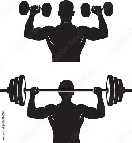 Silhouette of a muscular man performing bicep curls with dumbbells and a barbell overhead press exercise for strength training and fitness