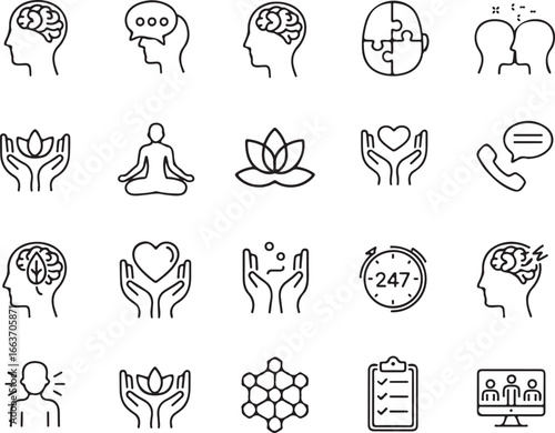 Collection of hand drawn icons representing mental health wellness psychology therapy and self care concepts