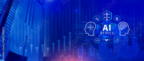 Obraz na plátně AI ethics expert guides the way, balancing artificial intelligence with humanity, Icons related AI ethics, symbols of legal scales, security, ethical standards and regulations in AI technology