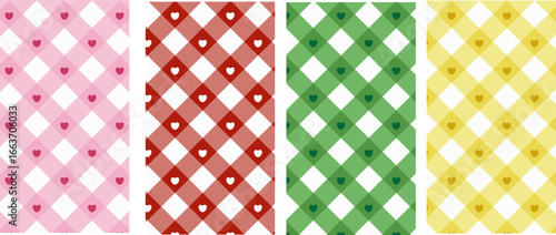 Check set seamless plaid pattern. Colorful plaid check set gingham seamless pattern. Multi color gingham checkered pattern background, with heart