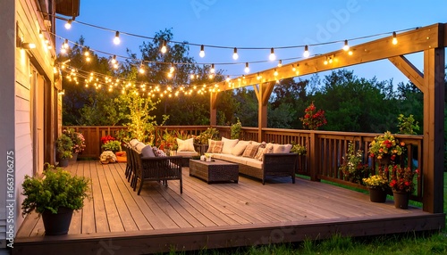 A charming outdoor deck area at twilight, adorned with string lights and comfortable patio furniture, creates a serene and inviting atmosphere.