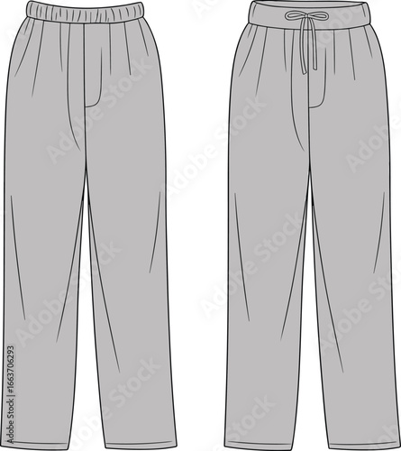 Cad drawing of basic lounge pants for men and women, flat vector fashion illustration of sweatpants with elastic waist and drawstring, casual comfort wear design
