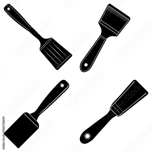 Illustration of four black and white kitchen tools including spatulas and basting brushes on white