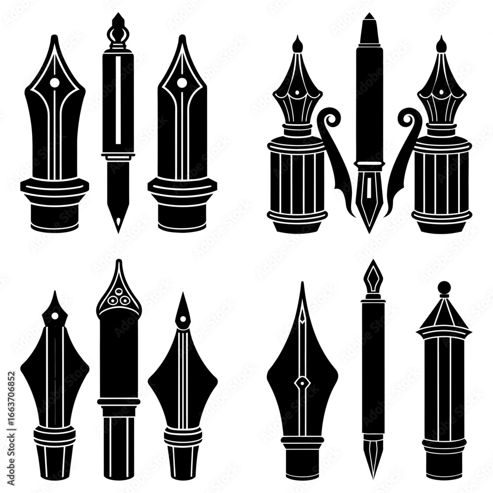 Fototapeta premium Collection of stylized black and white fountain pen nibs and pen holders in various designs and orientations
