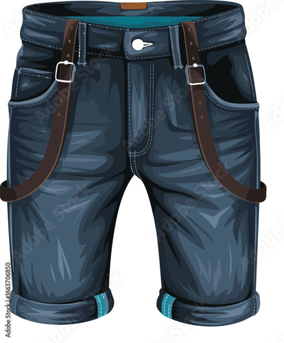 Cad drawing of dark blue denim shorts with suspenders, flat vector fashion illustration, rolled-up hem design, casual streetwear clothing template, modern stylish apparel sketch