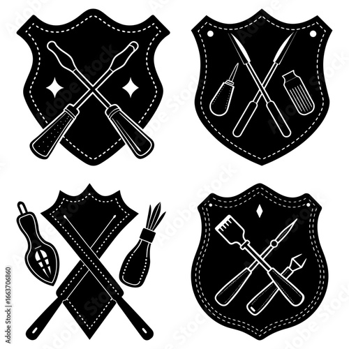Collection of four shield icons featuring various crossed tools in a black and white design style