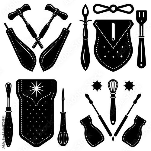 Illustration of various masonic tools and aprons in black and white vector format design style