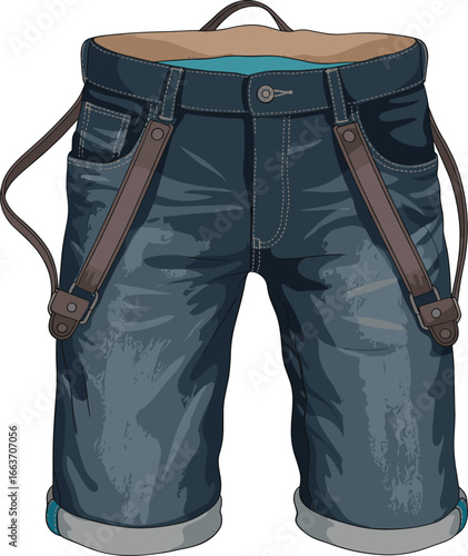 Cad drawing of suspenders denim shorts, flat vector illustration of rolled-up blue jean shorts with adjustable straps, fashion outerwear design template, modern casual apparel