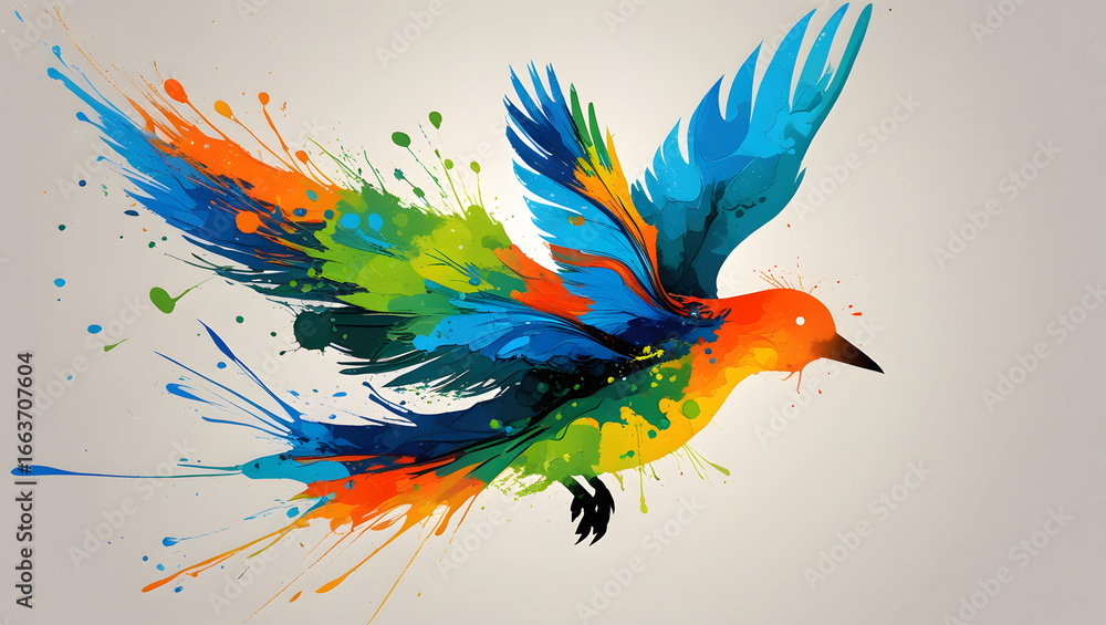 Obraz premium Multicolor Paint Splash Shaped Like a Flying Bird, Flat Minimal Vector Illustration, Creative Abstract Animal Art, Isolated on White Background