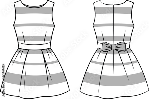 CAD drawing, flat sketch, striped dress, sleeveless silhouette, fashion illustration, girls dress design, back bow, flared skirt, vector apparel, kidswear fashion template