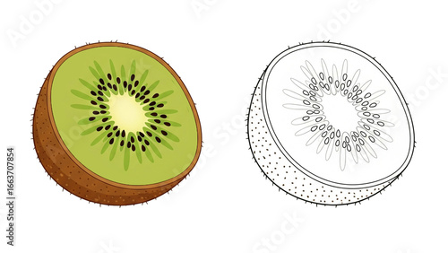Kiwi fruit illustration vector isolated transparent PNG, fresh green kiwi clipart, juicy tropical fruit cartoon drawing with seeds, healthy organic food design, vitamin C image, outline coloring page
