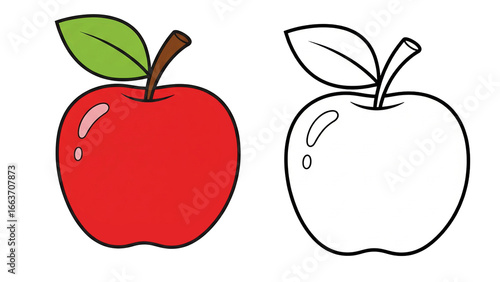 Red apple fruit illustration vector isolated transparent PNG, juicy fresh apple clipart, cartoon fruit drawing with green leaf, healthy organic food design, sweet fruit image, outline coloring page
