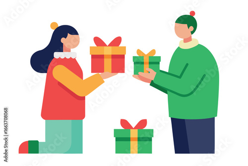 Two people exchanging gifts with a third gift on the ground