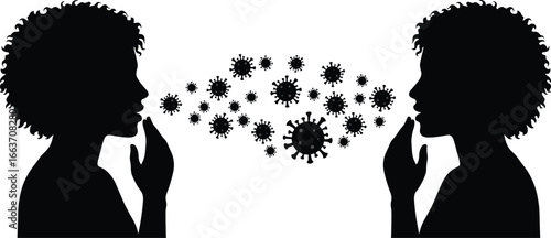 Virus transmission between people vector illustration, talking silhouette spread germs, contagious disease, infection risk concept, COVID airborne droplets icon