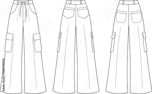 CAD drawing, flat vector illustration of wide-leg cargo pants, front and back views, fashion design template, technical sketch with detailed pockets, drawstring waist New CAD drawing, flat vector 