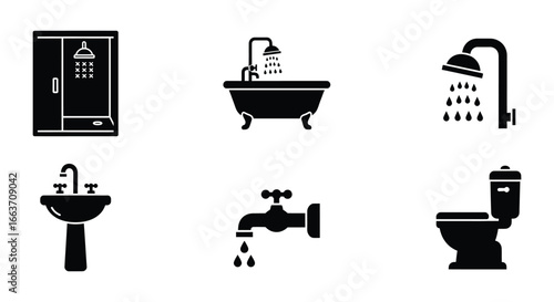 Simple black bathroom icons shower bathtub sink faucet and toilet