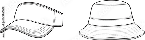 CAD drawing, flat vector illustration, visor cap front view, bucket hat design, fashion accessories, technical sketch, minimal style, sports cap, trendy headwear mockup