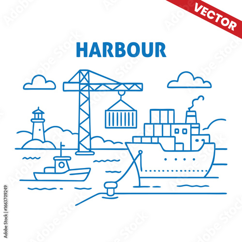 Harbour scene with crane, cargo ship, and boat, outline graphic illustration of maritime transport operations