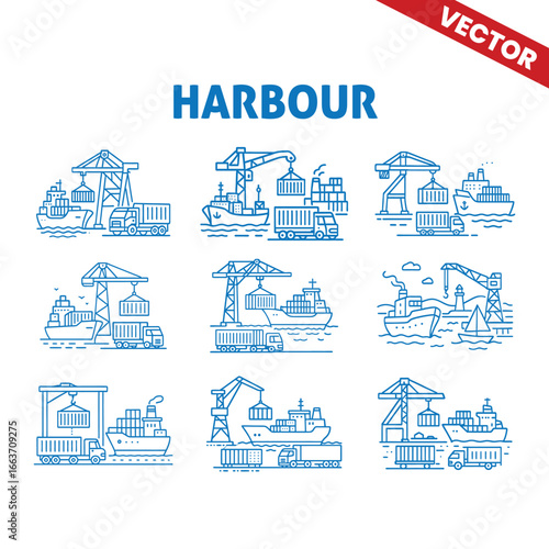 Harbour with cargo ship, crane, and lighthouse, outline graphic illustration of seaport logistics and maritime transport