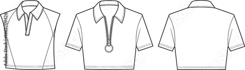 CAD technical drawing of fashionable women's crop polo shirt with zipper, collar detail, short sleeves, flat vector illustration, sketch