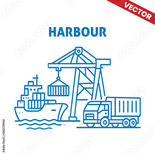 Harbour port with cargo ship and container crane, outline graphic illustration of industrial shipping and logistics