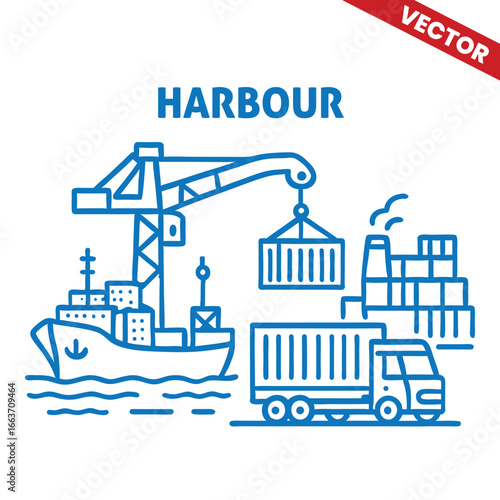 Harbour with cargo ship, crane, and lighthouse, outline graphic illustration of port logistics and shipping transport