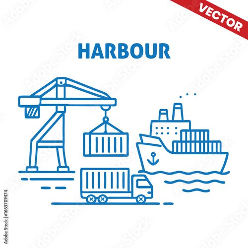 Harbour with cargo ship and port crane, outline graphic illustration of container shipping and seaport operations