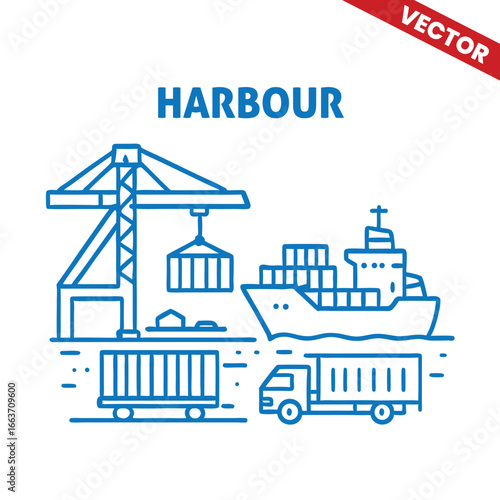 Harbour with cargo ship, crane, and lighthouse, outline graphic illustration of seaport operations and shipping logistics