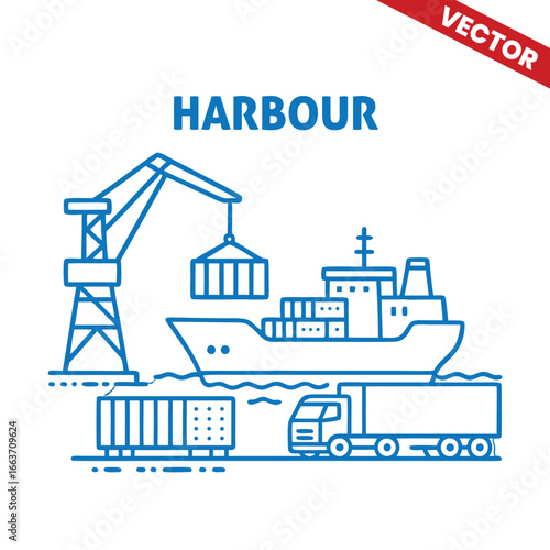 Harbour with cargo ship, crane, and dock, outline graphic illustration of shipping and maritime logistics at port