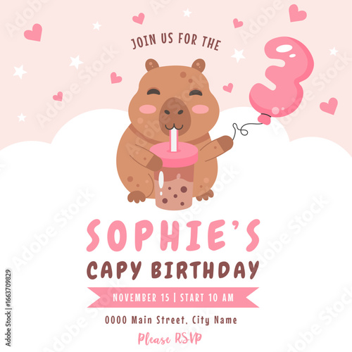 Birthday invitation design with capybara, number 3 balloon and bubble tea