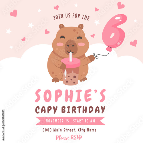 Birthday invitation design with capybara, number 6 balloon and bubble tea