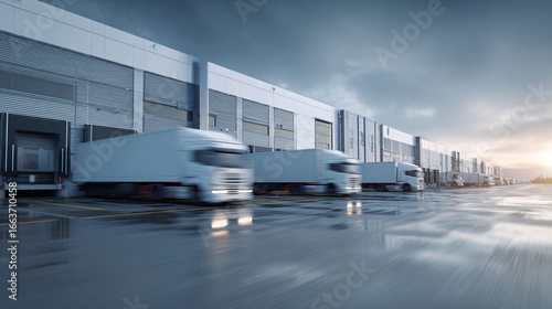 Motion blur of logistics trucks that come to the distribution center to load and distribute goods. Ai generate.
